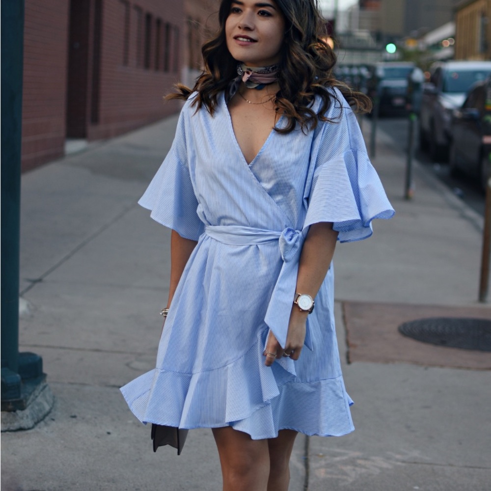 Blue & white striped wrap dress